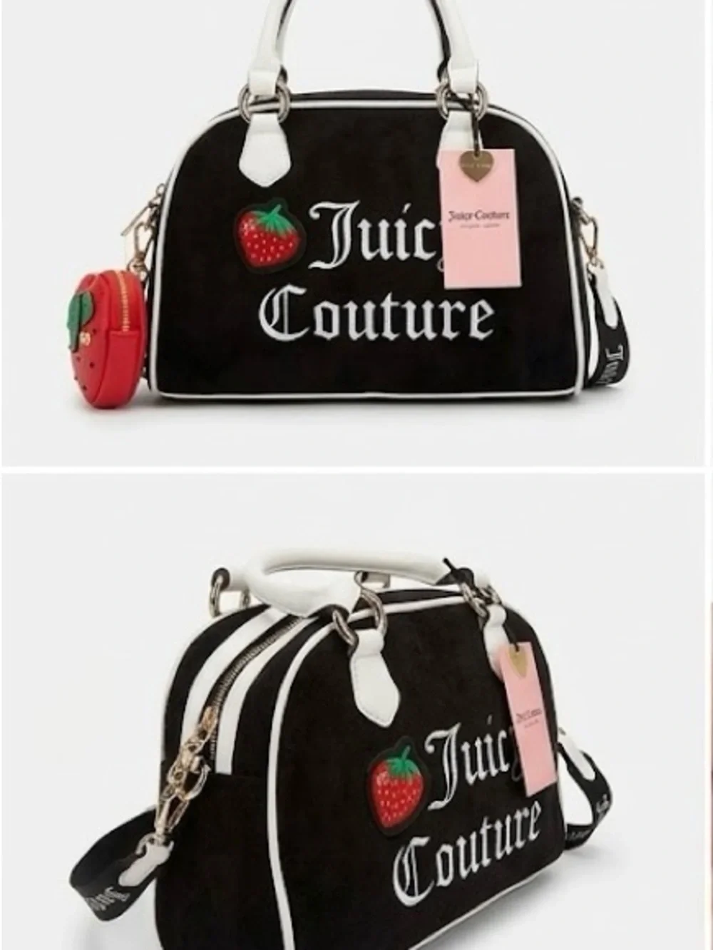 NWT Exclusive Juicy Couture Black Satchel w/ Strawberry Coin Purse & White Trim!